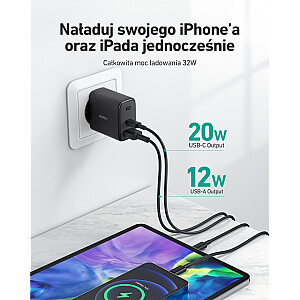 AUKEY PA-F3S 1xUSB-C ir 1xUSB-A PD 3.0 32W GREITAS ĮKROVIMAS