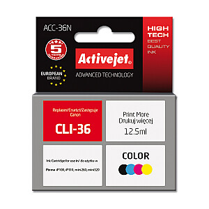 Activejet ACC-36N rašalas, skirtas Canon spausdintuvui; Canon PGI-36 pakeitimas; Aukščiausias; 12,5 ml; spalva
