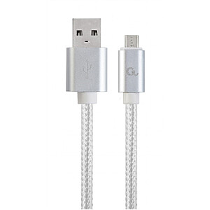 Cablexpert medvilninis pintas mikro-USB laidas su metalinėmis jungtimis, 1,8 m, sidabro spalvos, lizdinė plokštelė