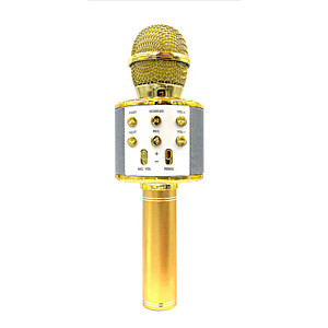 Goodbuy karaoke mikrofonas su įmontuotu Bluetooth garsiakalbiu / 3W / aux / balso moduliatorius / USB / Micro SD auksinis