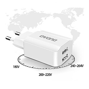 Dudao 2x USB Home Travel EU Adapter Sieninis įkroviklis 5V/2.4A + Lightning kabelis baltas (A2EU + Lightning white)