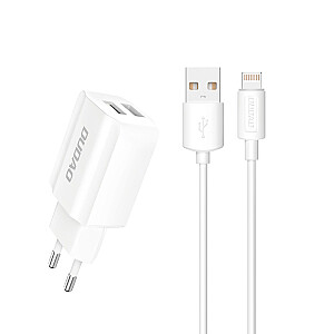 Dudao 2x USB Home Travel EU Adapter Sieninis įkroviklis 5V/2.4A + Lightning kabelis baltas (A2EU + Lightning white)