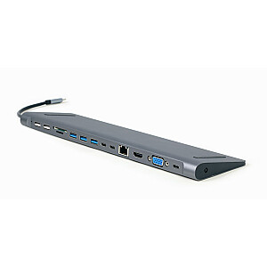 Gembird A-CM-COMBO9-01 9 viename USB tipo C kelių prievadų adapteris (USB šakotuvas + HDMI + VGA + PD + kortelių skaitytuvas + LAN + 3,5 mm garsas), pilka erdvė