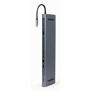 Gembird A-CM-COMBO9-01 Многопортовый адаптер USB Type-C 9-в-1 (USB-концентратор + HDMI + VGA + PD + кардридер + LAN + 3,5 мм аудио), космический серый