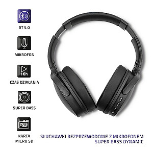Qoltec 50851 Беспроводные наушники с микрофоном Super Bass | Динамический | БТ | Черный