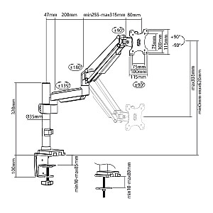 Ergo Office ER-407G monitoriaus rankos laikiklis, stalinis laikiklis, reguliuojamas pakreipimas, pasukamas 13"–32" VESA universalus