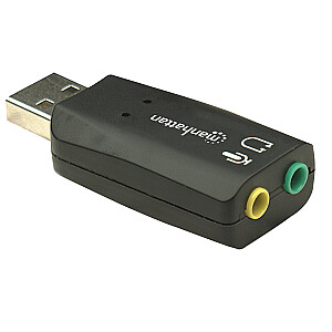 Звуковой адаптер Manhattan USB-A, порты USB-A на 3,5 мм для микрофона и аудиовыхода, 480 Мбит/с (USB 2.0), поддержка 3D и виртуального объемного звука 5.1, Hi-Speed USB, черный, трехлетняя гарантия, блистер