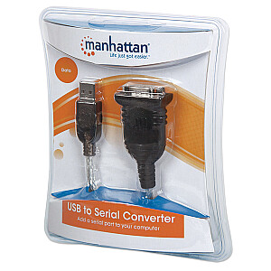 Кабель-переходник Manhattan USB-A в последовательный порт, 45 см, штыревой, последовательный/RS232/COM/DB9, чип Prolific PL-2303RA, эквивалентный Startech ICUSB232V2, черный/серебристый кабель, трехлетняя гарантия, блистер