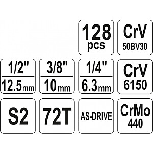 Instrumentu komplekts 1/4'', 1/2'', 3/8'' (128gab.) YT-38872 YATO