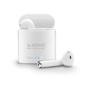 Savio TWS-01 belaidės Bluetooth ausinės, baltos