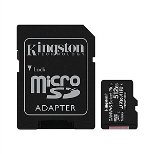 Kingston Canvas Select Plus 512 GB, Micro SD, Flash atminties klasė 10, SD adapteris