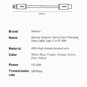 „Baseus“ dinaminis USB-C laidas skirtas „Lightning“, 23 W, 1 m (baltas)