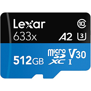 „Lexar High-Performance 633x UHS-I MicroSDXC“, 512 GB, „Flash“ atminties klasė 10, juoda/mėlyna, klasė: A2 V30 U3, 70 MB/s, 100 MB/s