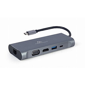„Gembird A-CM-COMBO7-01 7-in-1“ USB tipo C kelių prievadų adapteris (Hub3.0 + HDMI + VGA + PD + kortelių skaitytuvas + stereofoninis garsas), erdvinis pilkas