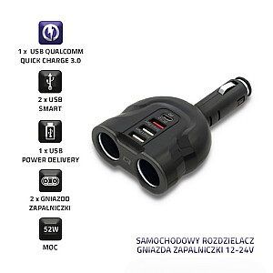 Qoltec 50641 Automobilinis įkroviklis 12-24V | 52W | 5V | 2,4 A | 2xUSB | USB kokybės kontrolė 3.0 | USB CPD | 2x cigarečių žiebtuvėlio skirstytuvas
