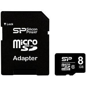 Silicon Power 8 GB, MicroSDHC, Flash atminties klasė 10, SD adapteris