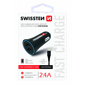 Swissten Premium automobilinis įkroviklis 12 - 24V / 1A+ 2.1A + Lightning laidas 1.2m