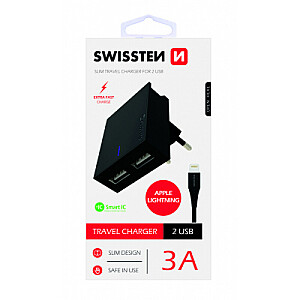 Swissten Premium USB įkroviklis 3A / 15W Su Lightning laidu 1,2m