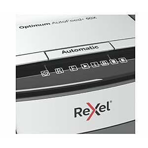 Smulkintuvas Rexel AutoFeed+ 50X, P-4, konfeti pjaustytuvas (4x28 mm), 50 lapų, šiukšliadėžė 20 litrų