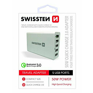 Swissten Qualcomm 3.0 QC Smart IC Premium sieninis įkroviklis USB 5x 2.1A 50W