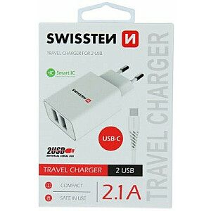 Swissten Smart IC įkroviklis 2x USB 2.1A su USB-C laidu 1,20 m