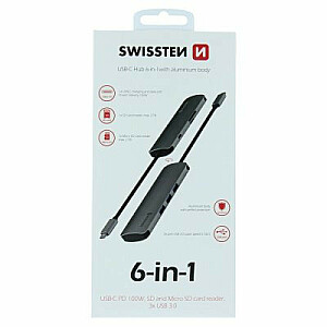 „Swissten USB-C 6in1 Hub“ su 3 X USB 3.0 / 1 X USB-C maitinimo tiekimu / 1 X „microSD“ / 1 X SD / aliuminio dėklu