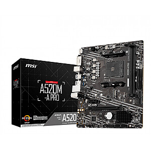 MSI A520M-A PRO procesorių šeima AMD, procesoriaus lizdas AM4, DDR4, 2 atminties lizdai, AMD A lustų rinkinys, mikro ATX