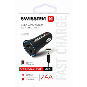 Swissten Премиум Автомобильная зарядка 12 / 24V / 1A+ 2.1A + кабель USB-C 1m