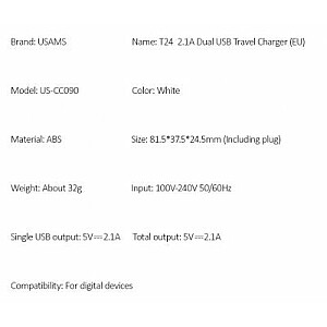 USAMS T24 Tīkla Lādētājs 2xUSB 2.1A