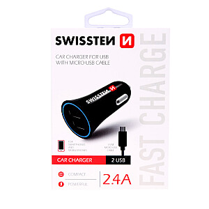 Swissten Premium Auto Lādētājs 12V - 24V / 1A + 2.1A un Micro USB vads 1.5m