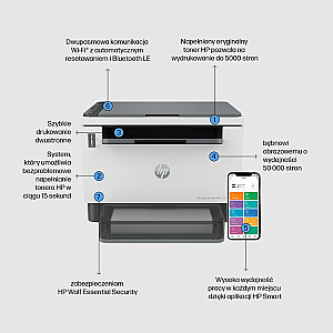 HP LaserJet Tank MFP 2604dw Black & White Business Printer Wireless; Dvipusis spausdinimas; Nuskaityti į el. Nuskaityti į PDF