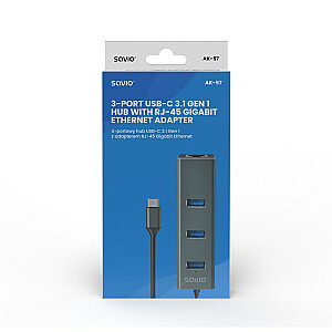 Savio AK-57 USB-C – 3 x USB-A HUB su RJ-45 Gigabit Ethernet adapteriu, 5000 Mbps, pilka