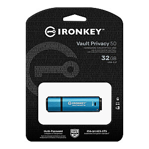 Kingston Technology IronKey Vault Privacy 50 USB atmintinė 32 GB USB Type-A 3.2 Gen 1 (3.1 Gen 1) Mėlyna