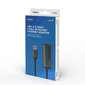 Adapteris SAVIO USB-A 3.1(M) su RJ-45 Gigabit Ethernet (F), 1000 Mbps, AK-55, pilkas