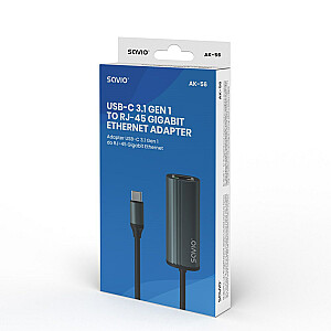 Адаптер SAVIO USB-C 3.1 Gen.1 (M) на RJ-45 Gigabit Ethernet (F), 1000 Мбит/с, AK-56, серый