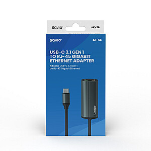 Адаптер SAVIO USB-C 3.1 Gen.1 (M) на RJ-45 Gigabit Ethernet (F), 1000 Мбит/с, AK-56, серый