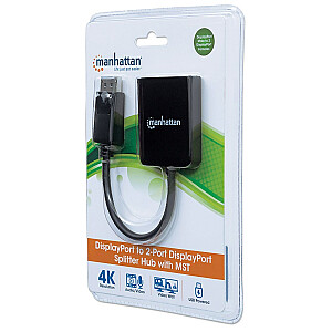 „Manhattan DisplayPort 1.2–2 DisplayPort 1.2 Splitter Hub“ su MST, 4K@30Hz, maitinamas iš USB-A, vaizdo sienelės funkcija, juoda, trejų metų garantija, lizdinė plokštelė