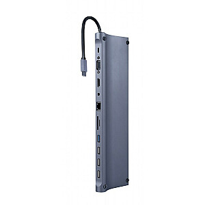 Gembird A-CM-COMBO11-01 Многопортовый адаптер USB Type-C 11-в-1 (USB-концентратор + HDMI + VGA + PD + кардридер + LAN + аудио 3,5 мм), космический серый