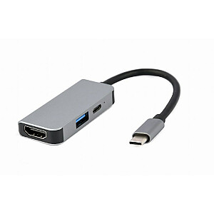 Gembird A-CM-COMBO3-02 3 viename USB tipo C kelių prievadų adapteris (USB prievadas + HDMI + PD), sidabrinis