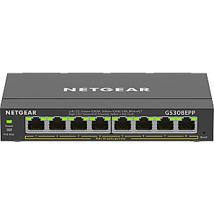 NETGEAR Gigabit Ethernet didelio galingumo PoE+ Plus 8 prievadų jungiklis (GS308EPP) Valdomas L2/L3 Gigabit Ethernet (10/100/1000) Maitinimas per Ethernet (PoE), juodas