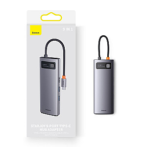 Baseus Metal Gleam serijos prijungimo stotis HUB 9 in 1 USB Type C - 2 x HDMI | 2 x USB 3.2 Gen. 1|1 x USB 2.0 | 1 x maitinimo tiekimas | 1 x SD kortelių skaitytuvas | 1 x TF kortelių skaitytuvas | 1 x RJ-45 pilka (WKWG060013)