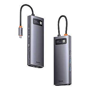 Baseus Metal Gleam serijos prijungimo stotis HUB 9 in 1 USB Type C - 2 x HDMI | 2 x USB 3.2 Gen. 1|1 x USB 2.0 | 1 x maitinimo tiekimas | 1 x SD kortelių skaitytuvas | 1 x TF kortelių skaitytuvas | 1 x RJ-45 pilka (WKWG060013)