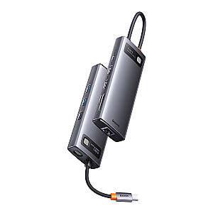 Baseus Metal Gleam serijos prijungimo stotis HUB 9 in 1 USB Type C - 2 x HDMI | 2 x USB 3.2 Gen. 1|1 x USB 2.0 | 1 x maitinimo tiekimas | 1 x SD kortelių skaitytuvas | 1 x TF kortelių skaitytuvas | 1 x RJ-45 pilka (WKWG060013)