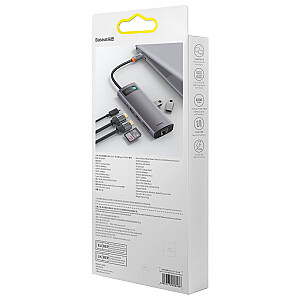 Baseus Metal Gleam serijos prijungimo stotis HUB 9 in 1 USB Type C - 2 x HDMI | 2 x USB 3.2 Gen. 1|1 x USB 2.0 | 1 x maitinimo tiekimas | 1 x SD kortelių skaitytuvas | 1 x TF kortelių skaitytuvas | 1 x RJ-45 pilka (WKWG060013)