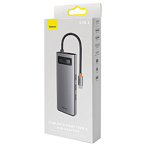 Baseus Metal Gleam serijos prijungimo stotis HUB 9 in 1 USB Type C - 2 x HDMI | 2 x USB 3.2 Gen. 1|1 x USB 2.0 | 1 x maitinimo tiekimas | 1 x SD kortelių skaitytuvas | 1 x TF kortelių skaitytuvas | 1 x RJ-45 pilka (WKWG060013)