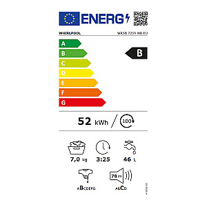 Стиральная машина WHIRLPOOL WRSB 7259 WB EU, 7 кг, 1200 об/мин, класс энергопотребления B, глубина 43,5 см, инверторный двигатель