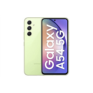 „Samsung Galaxy A54 Awesome Lime“, 6,7 colio, „Super AMOLED Plus“, 1080 x 2400, „Exynos 1380“ (5 nm), vidinė RAM 8 GB, 128 GB, Dvi SIM, 5G, 4G, Pagrindinė kamera 108+8+2 MP, Antrinė kamera 32 MP, Android, 12, 6000 mAh