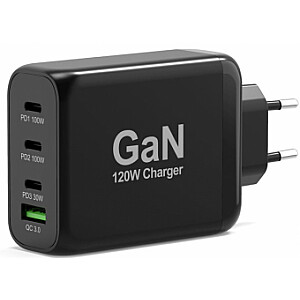 Lādētājs Port Power Delivery and Quick Charge 120W GaN USB-C & USB-A Black