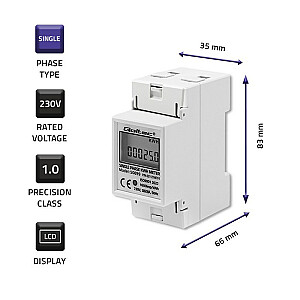 Qoltec 50899 Однофазный электронный счетчик энергопотребления | 230 В | ЖК | 2П | DIN-рейка
