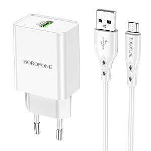 Telefono įkroviklis Borofone BN5 | USB | Greitas įkrovimas 3.0 | 18 W | + Micro USB laidas baltas